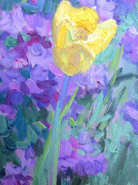 Yellow tulip and violet flowers . Spring Flowers original oil painting modern bouquet
