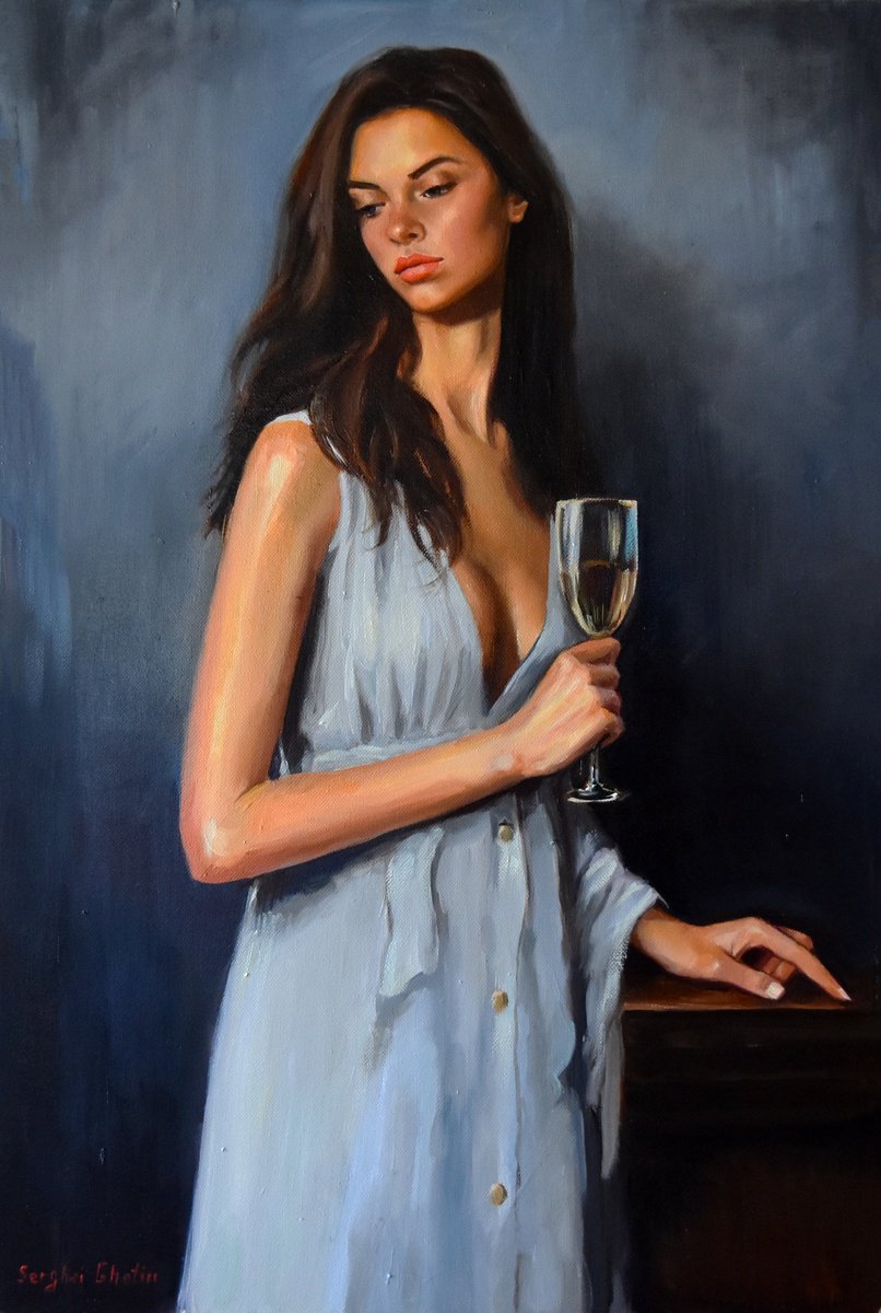 Impressionistic Portrait Oil Painting By Serghei Ghetiu, 16 X 24", A Portrait With Wine, Original Artwork