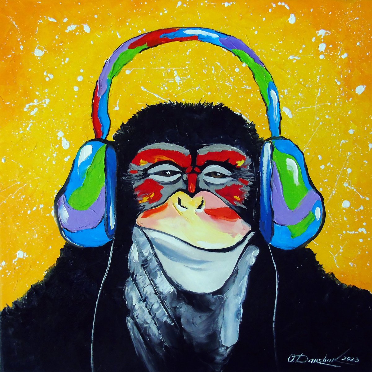 Impressionistic Animal Oil Painting By Olha Darchuk, 24 X 24", Music Lover Monkey, Original Artwork