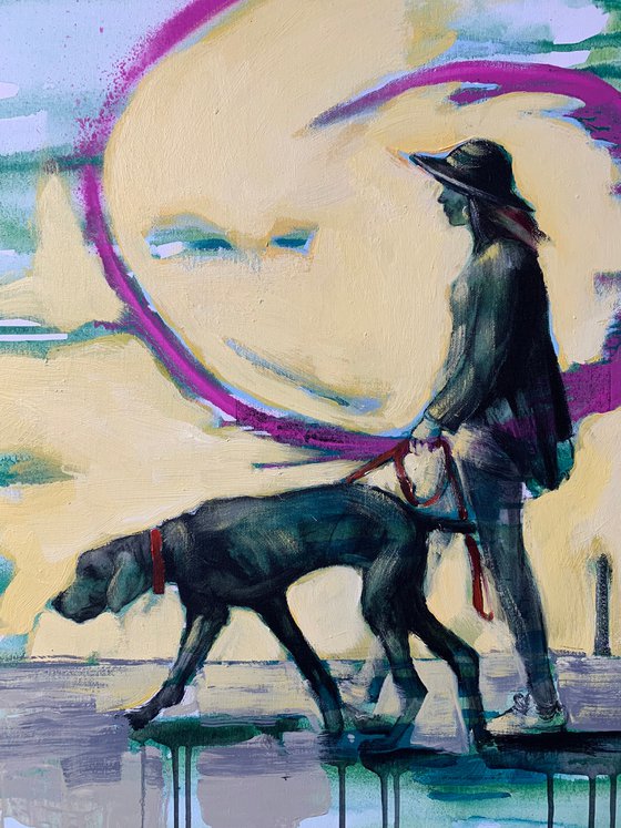XL Big bright painting - "Green street" - Urban Art - Street - City - Dog - Girl with dog