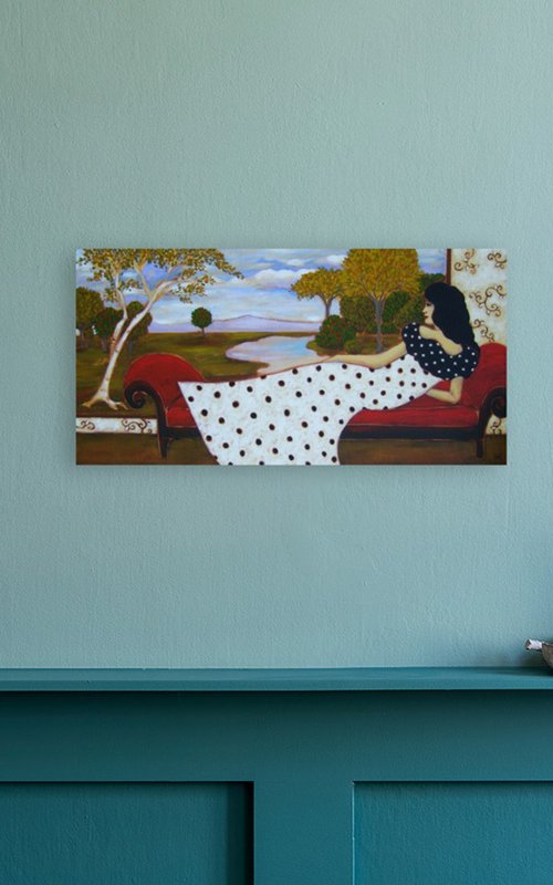 Woman with Polka Dot Gown and Landscape by Karen Rieger