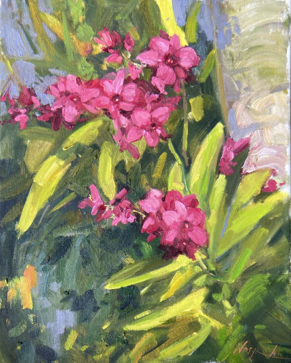 Impressionistic Botanical Oil Painting By Nataliia Nosyk, 16 X 20", Pink Orchid On A Palm, Original Artwork