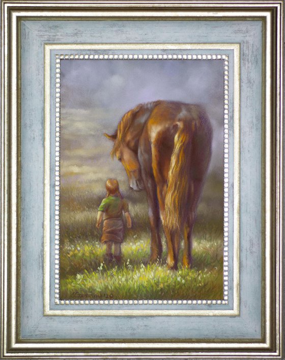 Sunbeams Original small art A child with a horse