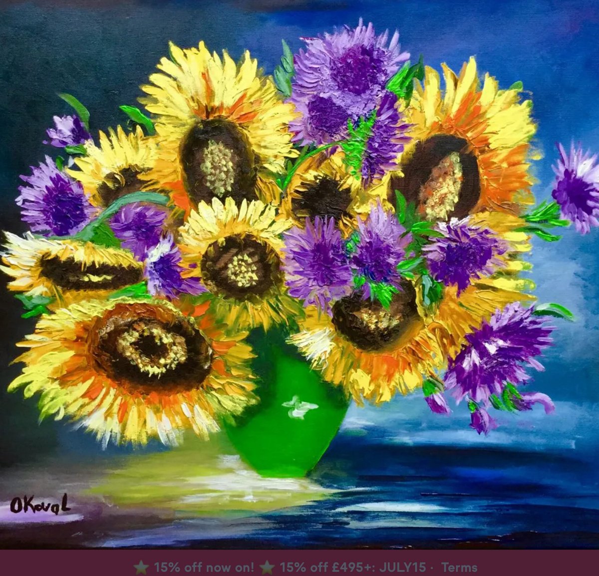 Expressive Botanical Oil Painting By Olga Koval, 24 X 22", Bouquet Of Sunflowers, Original Artwork