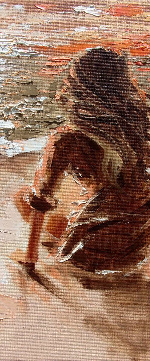 " LONELY SUNRISE ... " SUN SKY SEA SAND liGHt  ORIGINAL OIL PAINTING, GIFT, PALETTE KNIFE by Monika Luniak