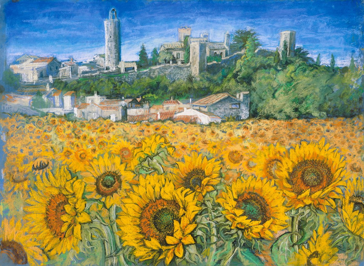 Impressionistic Landscape Pastel Drawing By Patricia Clements, 41 X 33", Sunflower Fields, Original Artwork