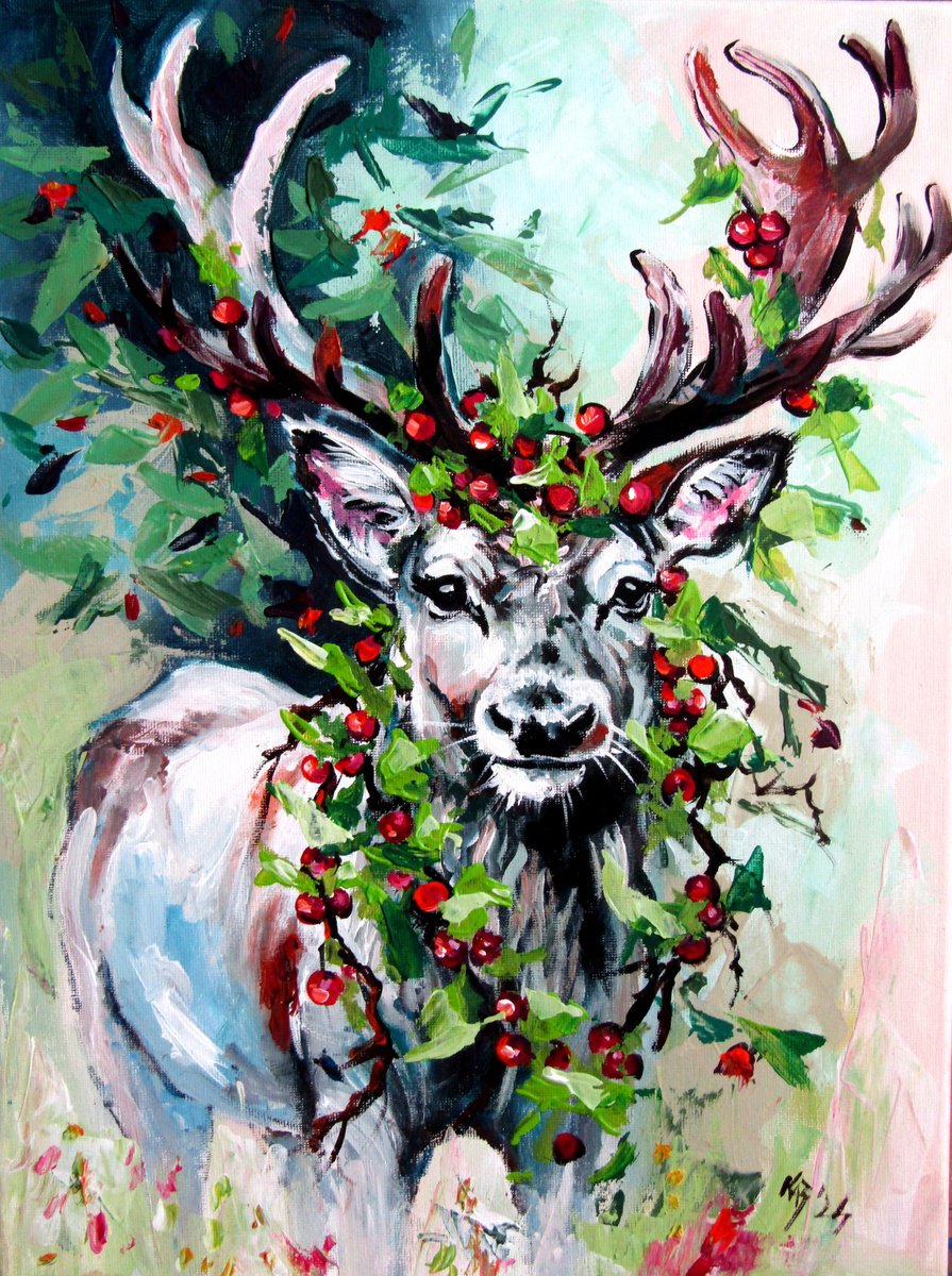 Impressionistic Animal Acrylic Painting By Kovacs Anna Brigitta, 12 X 16", Happy Deer, Original Artwork