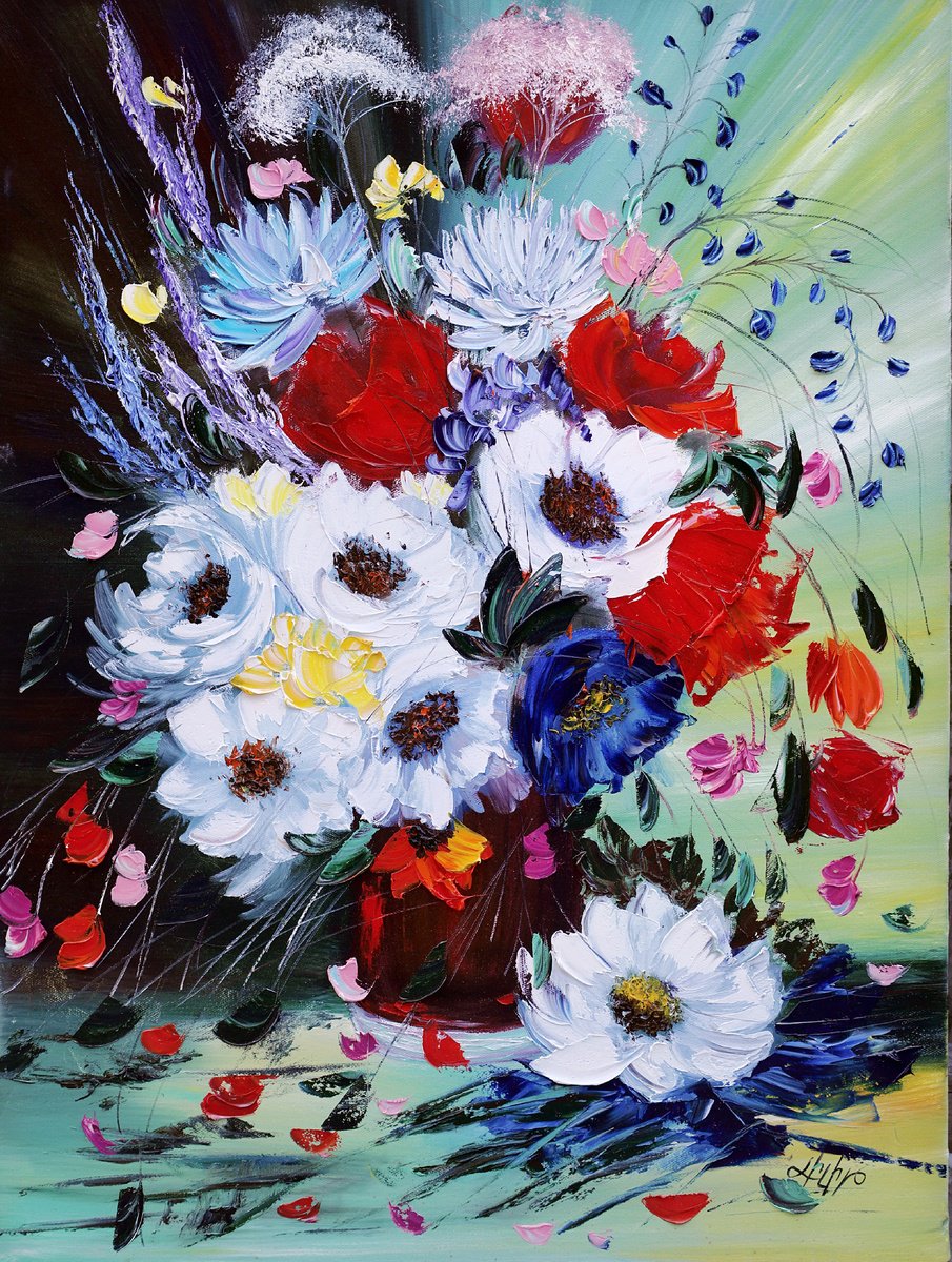 Impressionistic Botanical Oil Painting By Lilith Tonakanyan, 24 X 31", Blossoms Of The Meadow, Original Artwork