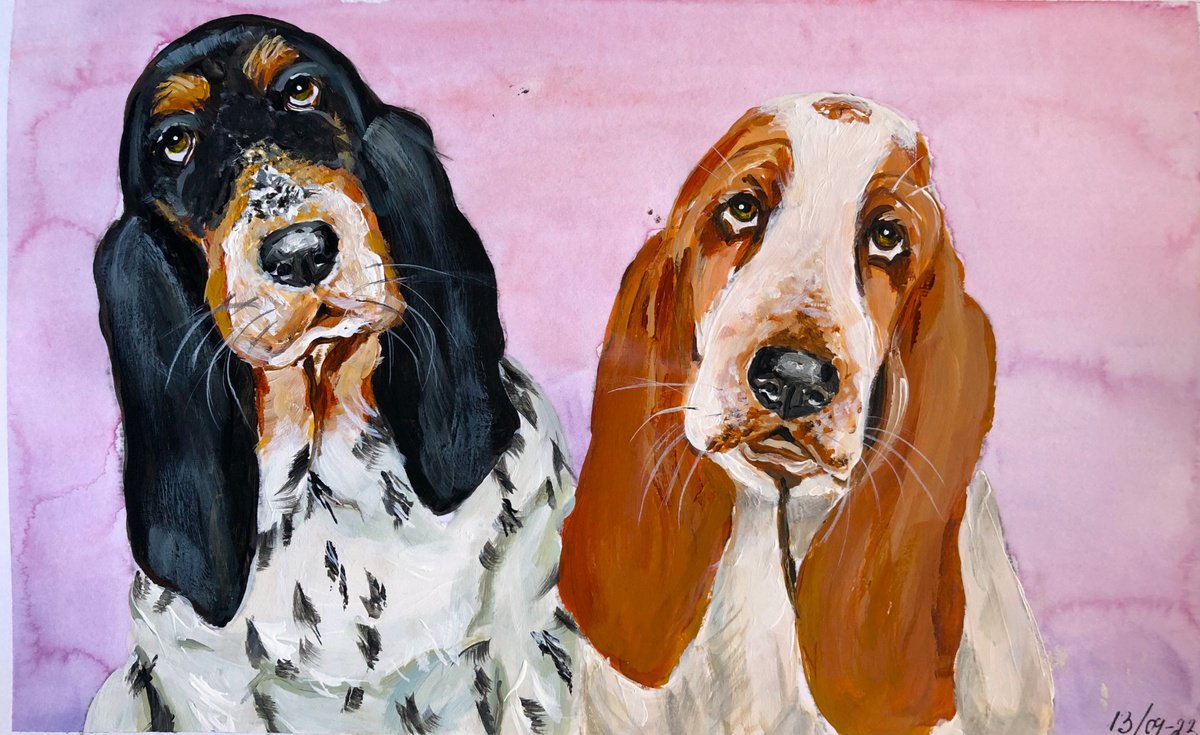Impressionistic Animal Drawing By Lena Smirnova, 10 X 6", A Couple Of Bassets, Original Artwork