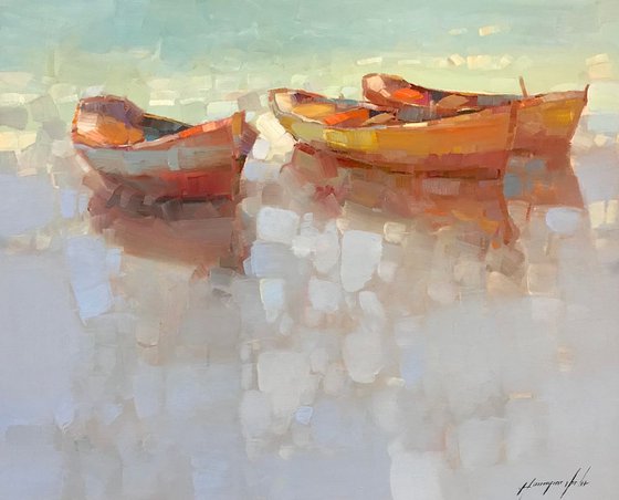 Boats, Original oil painting, Handmade artwork, One of a kind