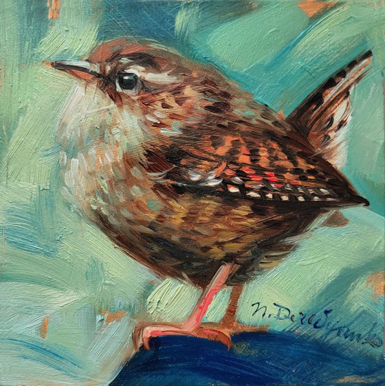 Wren bird painting original 4x4, Mini bird art in frame, Tiny bird artwork in oil, Beige bird painted