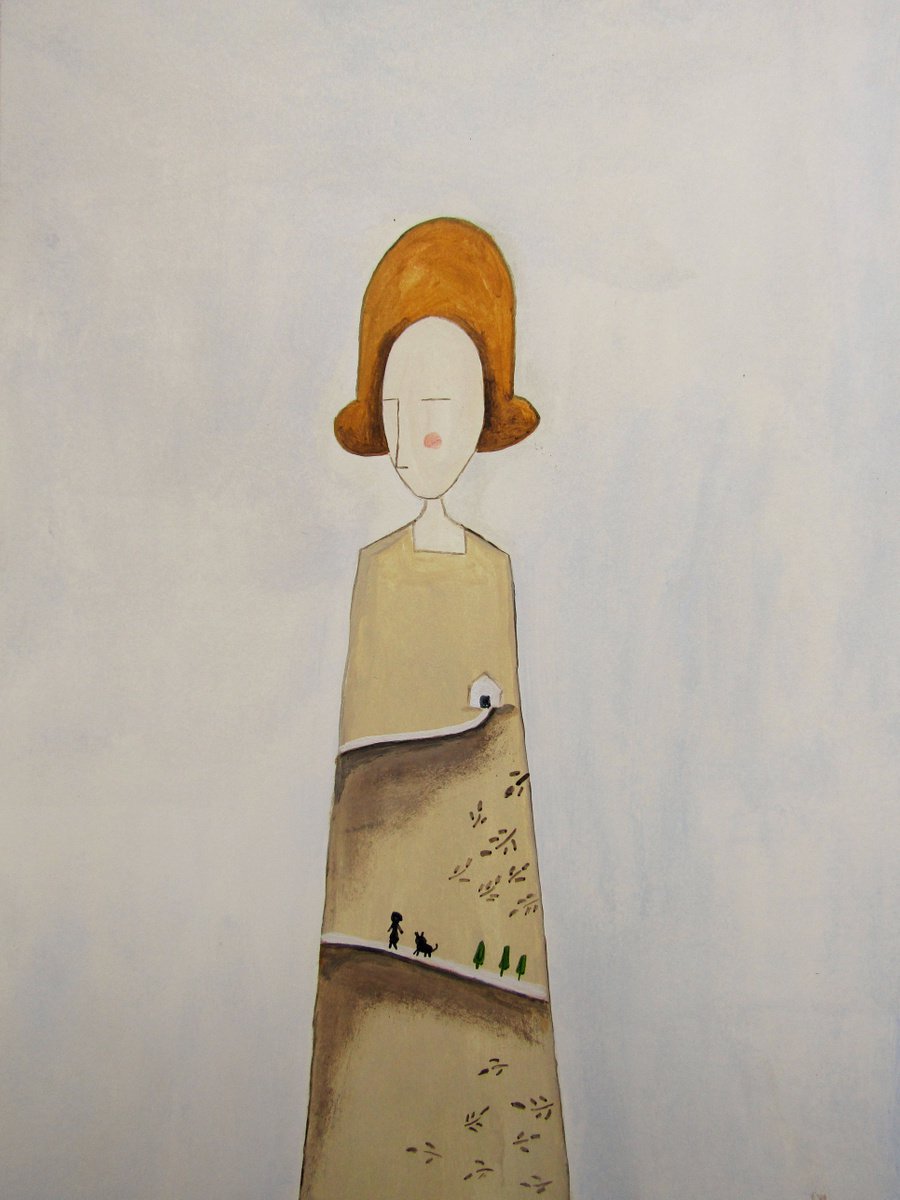 The blond woman with a tiny scene on her dress - oil on paper by Silvia Beneforti