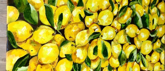 Lemons, oil painting, still life. Palette knife painting on canvas. Size 112x56 cm.