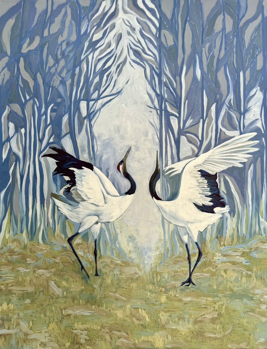 Impressionistic Animal Oil Painting By Zulfiya Mukhamadeyeva, 28 X 35", Love Cranes, Original Artwork