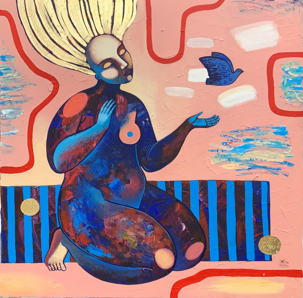 Surrealistic Portrait Acrylic Painting By Elena Tomilova, 31 X 31, Make A Wish, Original Artwork