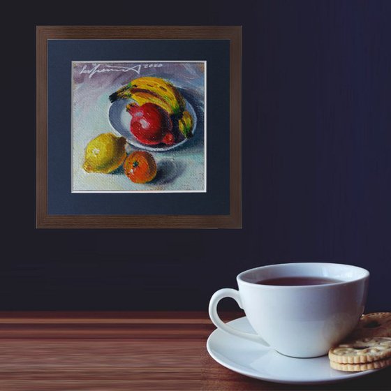 'FRUITS FROM YELLOW TO RED" - Small Painting on Jute under Mat