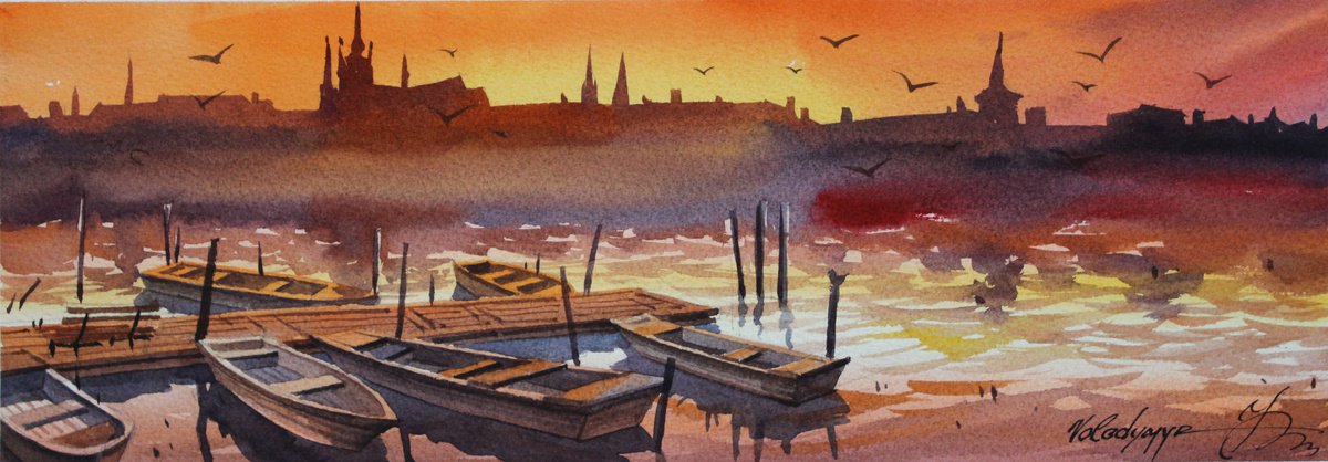 Landscape Watercolour By Volodymyr Melnychuk, 15 X 5", Sunset, Original Artwork