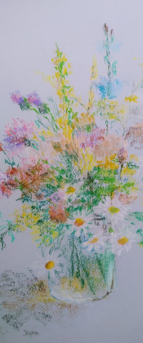 Summer bouquet. Original pastel drawing on bluish paper. by Elena Klyan