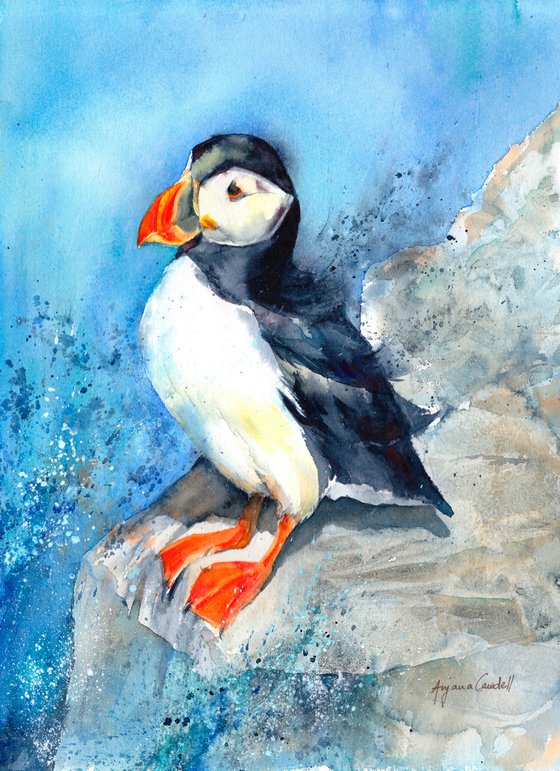 Puffin painting, Puffin in Sea Spray, Puffin in watercolour, Original Watercolour Bird painting, Puffin Art