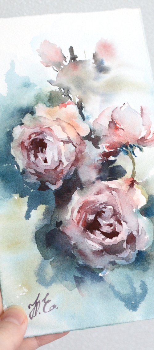 Smoky roses in watercolor, small lilac floral painting by Yulia Evsyukova