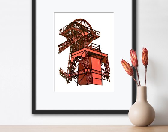 Lewis Merthyr Winding Gear portrait linocut