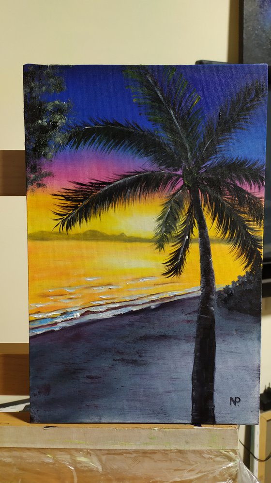 On the island, original landscape palms oil painting, Gift, art for home