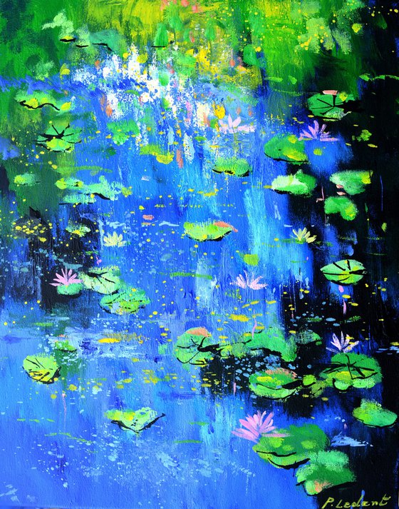 Waterlilies on a blue pond