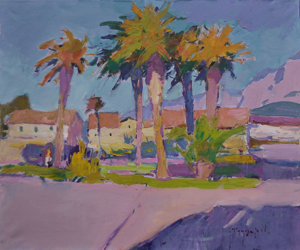 Impressionistic Landscape Oil Painting By Alexander Shandor, 28 X 24, Palms Of Croatia, Original Artwork