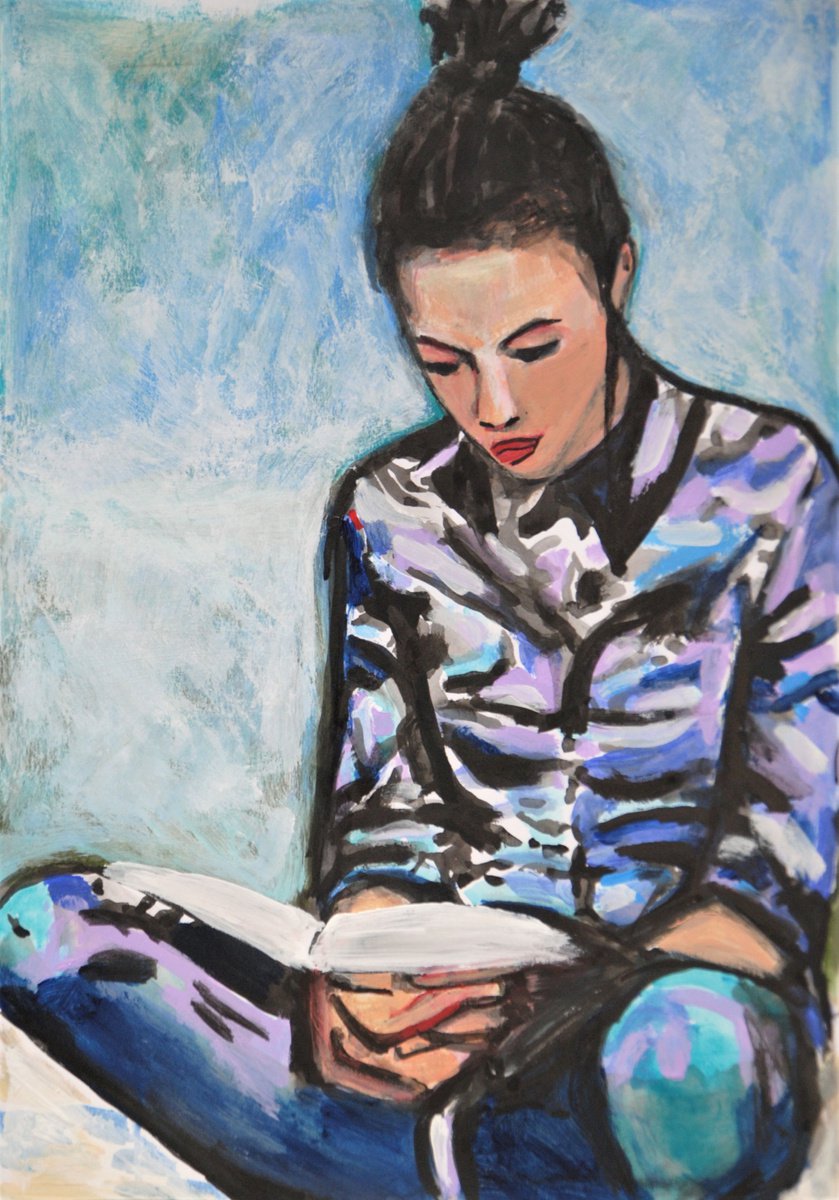Organic Portrait Acrylic Painting By Alexandra Djokic, 12 X 17, Girl With A Book, Original Artwork