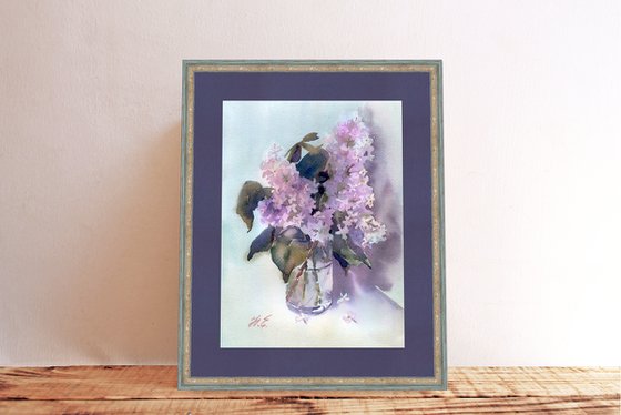 Lilac branch in a glass, Watercolor spring