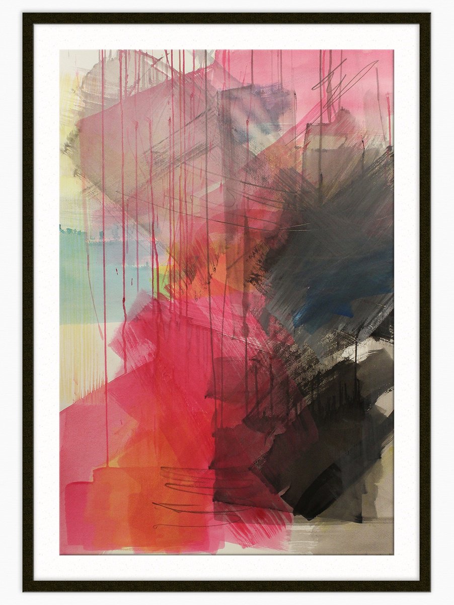 Abstract Painting By T Kyomu, 28 X 39", Cyberpunk Rain I, Original Artwork