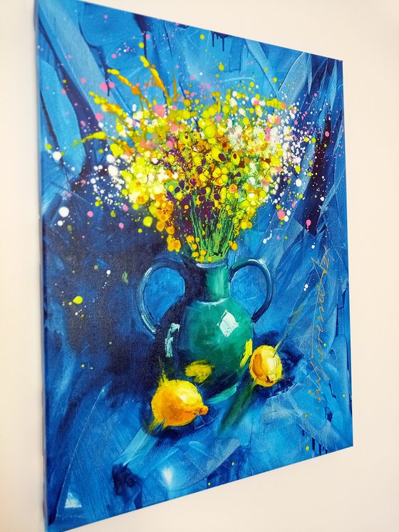 'BLUE AND YELLOW FLORAL JOY' - Acrylics Painting