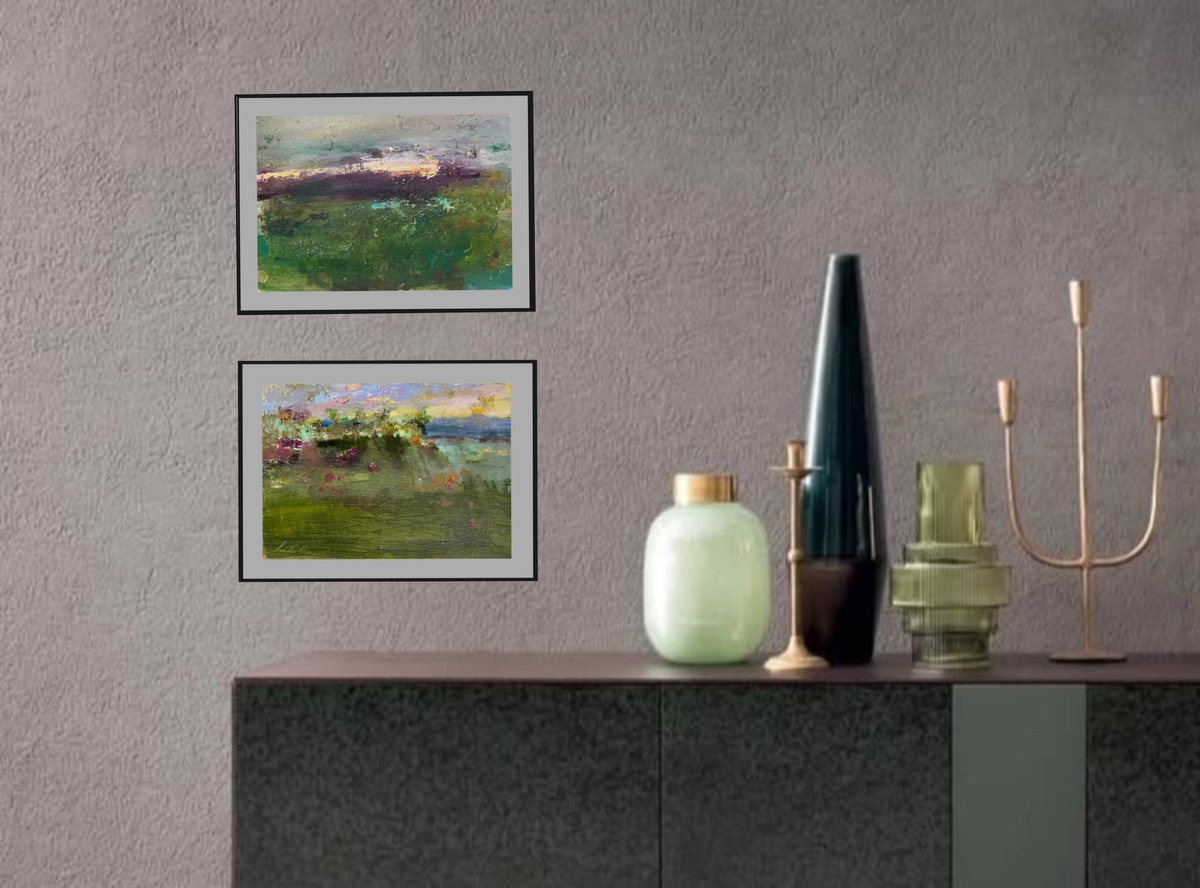 Abstract Landscape Oil Painting By Olha Laptieva, 24 X 8", Evening, Original Artwork