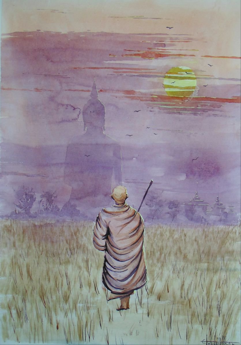 Sun. Buddha. Monk (2019) Watercolor 60*42 by Eugene Gorbachenko