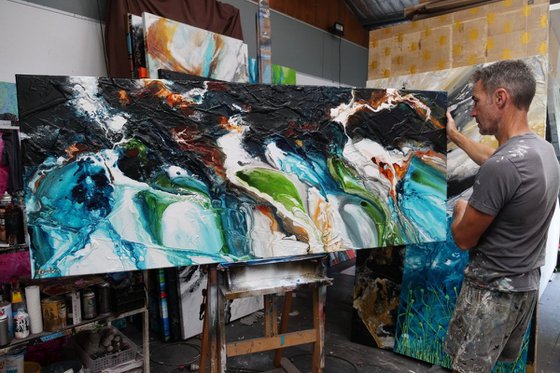 Teal and Oxide Rust 200cm x 80cm Textured Abstract Art