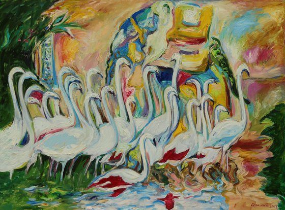 FLAMINGO - animal art, birds, original oil painting, large size XL , white and rose