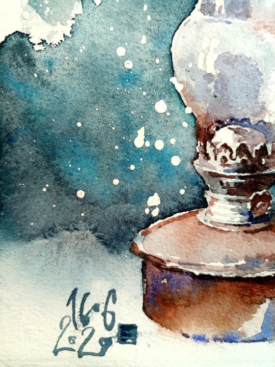 Antique lamp original watercolor artwork