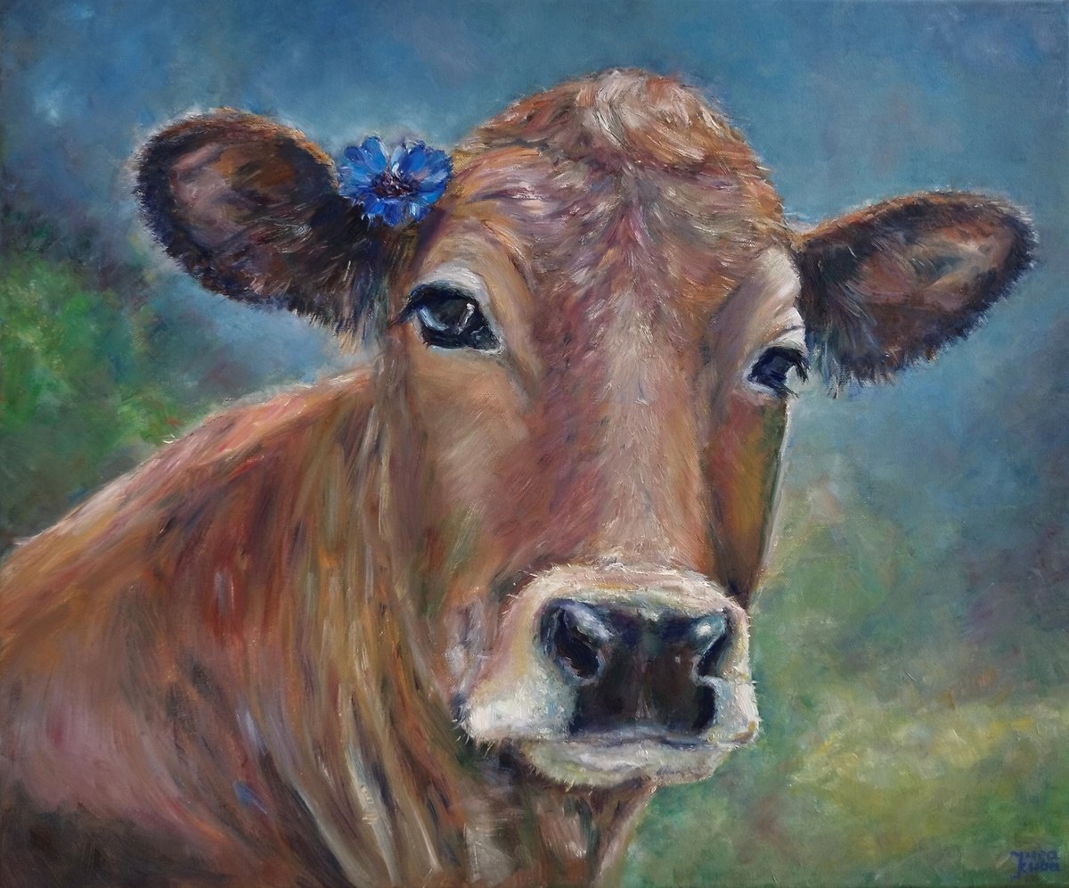 Photorealistic Oil Painting , A Cow With A Cornflower Behind Its Ear By Jura Kuba Art, 24 X 20, Artwork For Sale On Artfinder