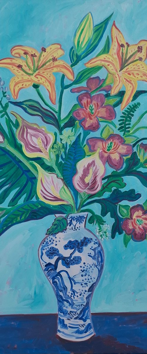 Tropical Bouquet in a Blue and White Vase by Kirsty Wain