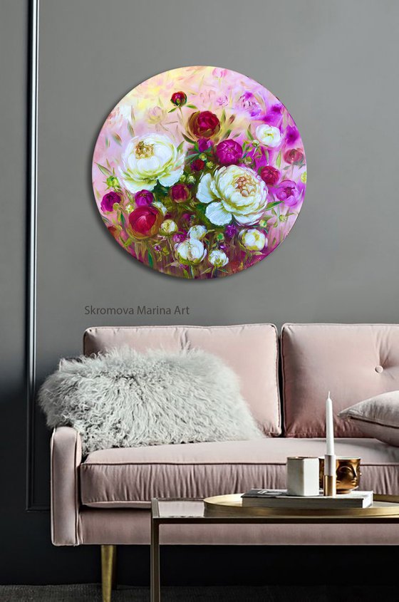 FLOWER TREASURE - Peonies. Pink flowers. Round picture. Floral decor. White peonies. A blooming garden. An unusual picture. Gorgeous flowers. Petals. Fuchsia. Softness.