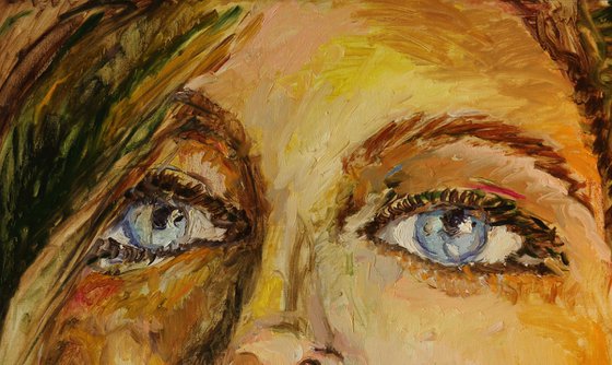 DREAMY LOOK, PARISIAN GIRL - female portrait, original oil painting, face, love, lover, passion, blue eyes, beautiful sensual girl, erotic, Paris