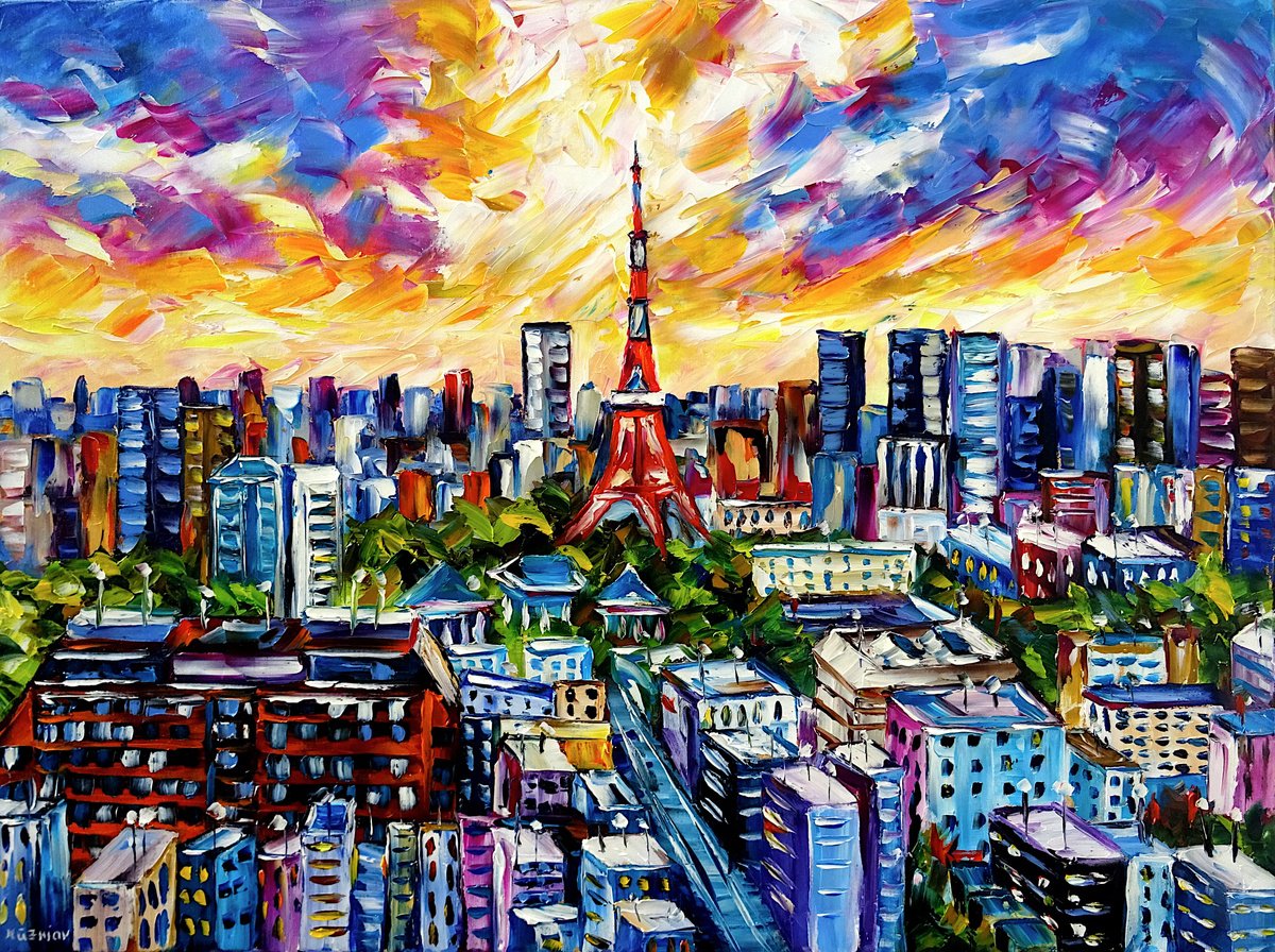 Expressive Cityscapes Oil Painting By Mirek Kuzniar, 31 X 24", Sky Over Tokyo, Original Artwork