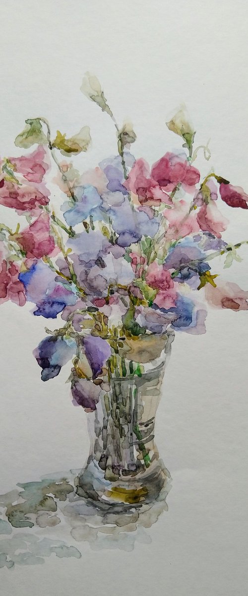 Bouquet of sweet peas in vase. Original watercolour painting. by Elena Klyan