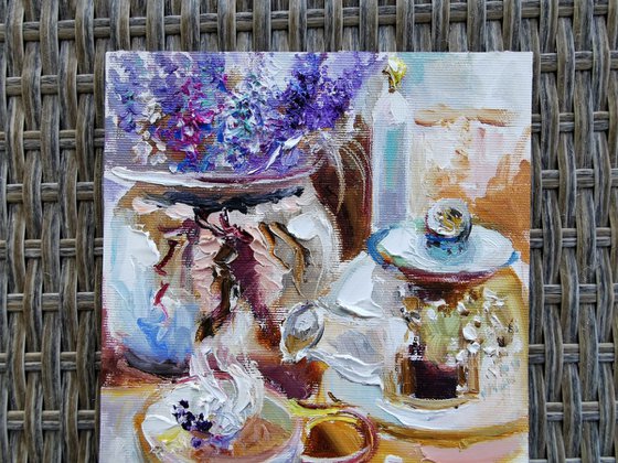 Oil Canvas Artwork for Autumn Ambiance, Tea and Lavender Delight