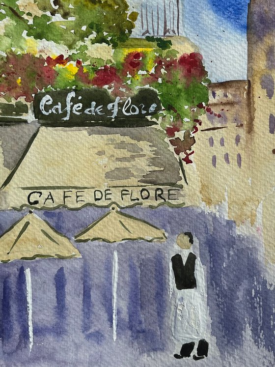 Paris Painting Cafe de Flore Original Art Cityscape Watercolor Europe Artwork Travelling Wall Art 9 by 12,5" by Halyna Kirichenko