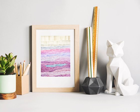 Watercolor original landscape painting in violet and pink colours