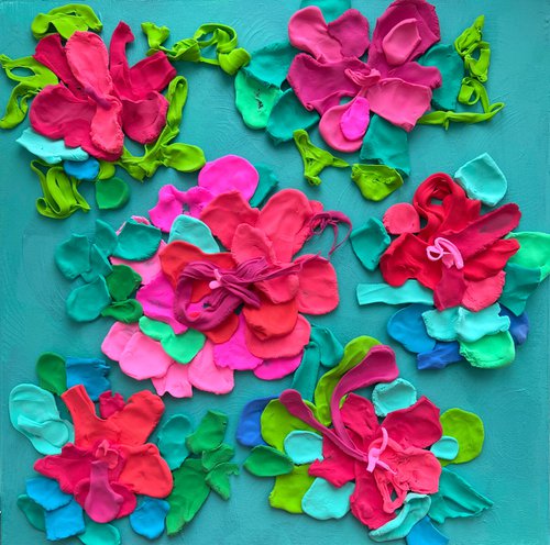 Magenta and emerald relief flowers by Sasha Robinson