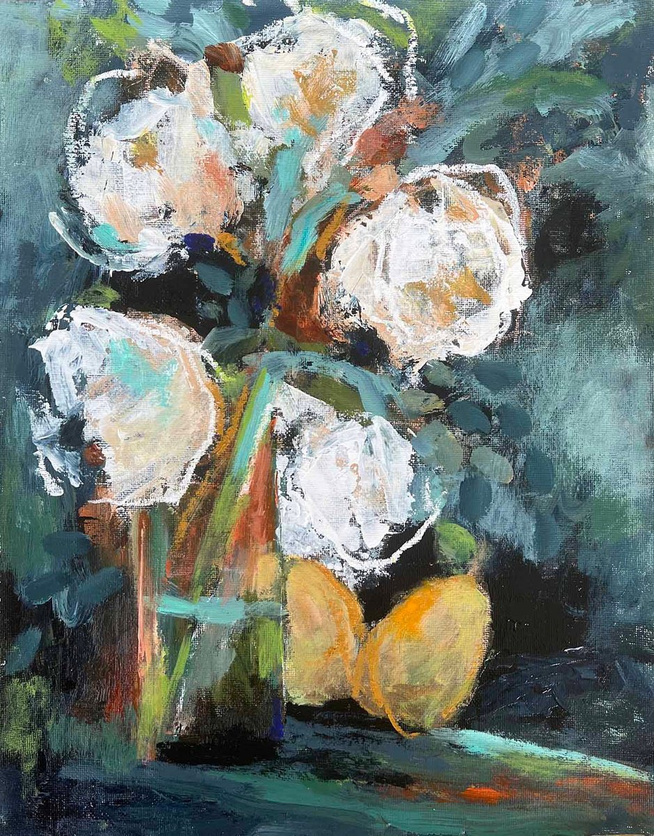 Abstract Botanical Acrylic Painting By Melinda Macdonald, 11 X 14", Petals And Pears, Original Artwork