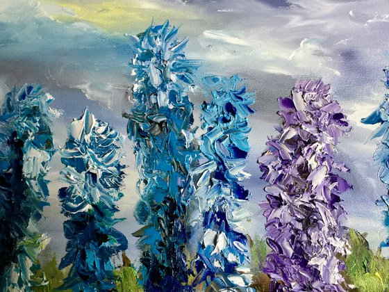Delphiniums  in Regents Park in London, English garden,  meadow in summer flowers palette  knife modern  flowers office home decor gift