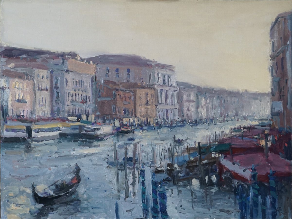 Impressionistic Landscape Oil Painting By Alex James Long, 16 X 12, Evening Light, The Grand Canal, Original Artwork